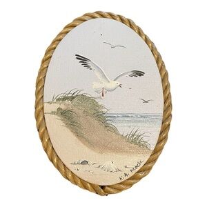 Original Art, K. a. Mock, Vintage Coastal Seagull Wall Art, Rope Frame.